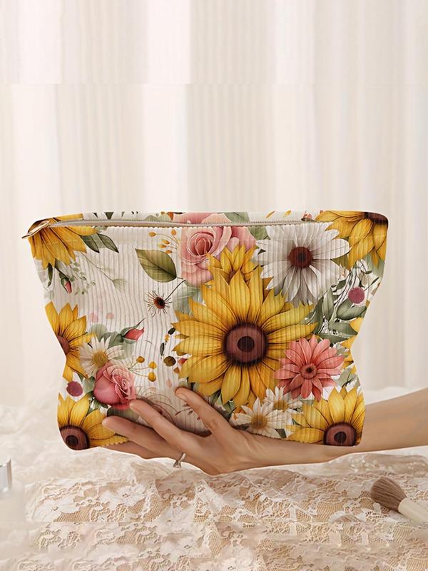 Floral Pattern Corduroy Cosmetic Bag, Lightweight Multi-functional Fashion Leisure Cosmetic Bag, Travel Cosmetic Bag, Suitable for Leisure Travel and Various Occasions