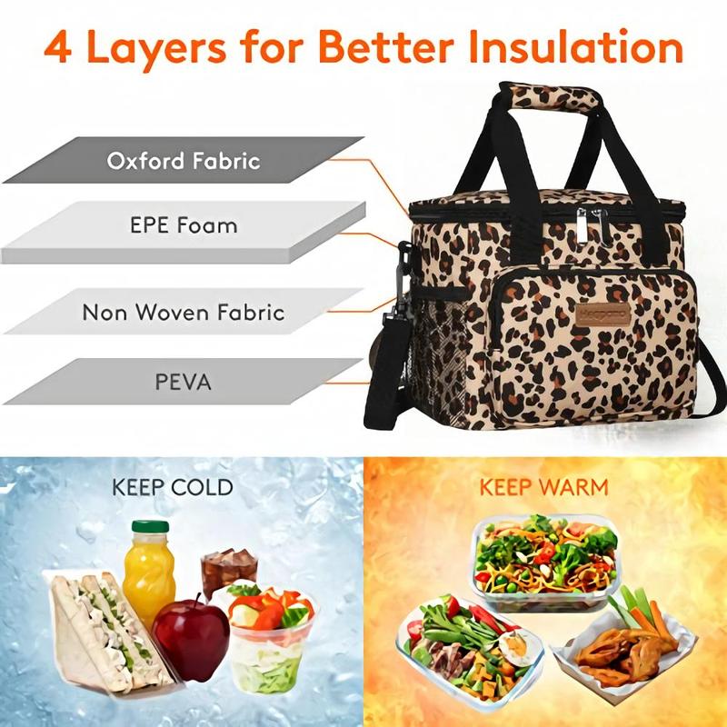 Leopard Print Lunch Bag, 1 Count Large Lunch Bag with Adjustable Shoulder Strap, Insulated Lunch Box for Work Office Picnic