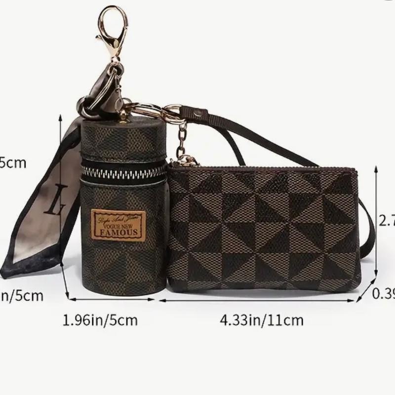 2-Piece Womens Fashion Mini Wallet & Keychain Set - Vibrant Printed Design, Stylishly Simple, Multi-Functional PU Leather Coin Purse with Secure Zipper, Perfect Accessory for Adding a Pop of Color to Your Outfit dual pouch brown retro wristlets white blac