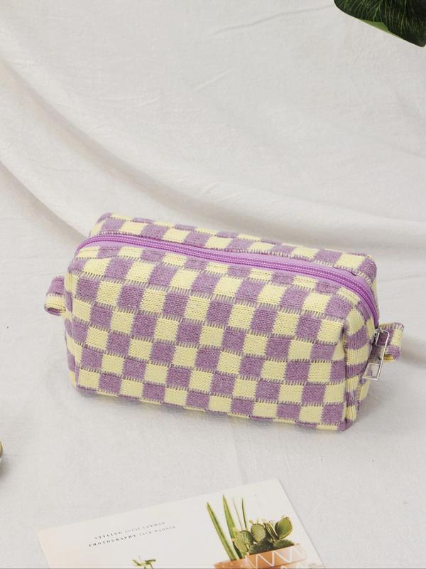 2024 Trendy Plaid Pattern Cosmetic Bag, Matching Kawaii Large Capacity Knitting Storage Bag, Portable Toiletry Bag for Women & Girls