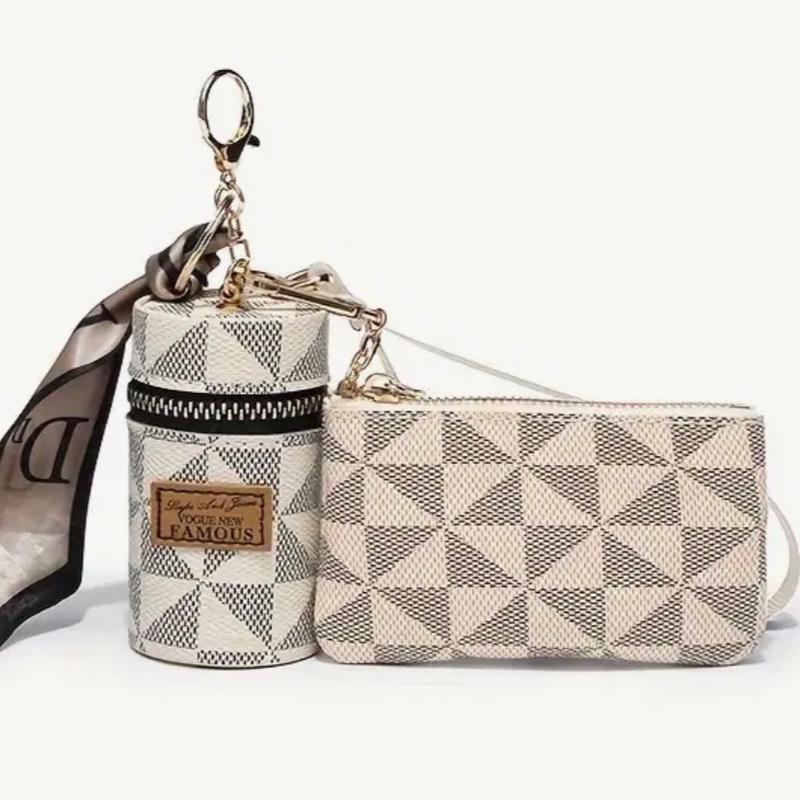 2-Piece Womens Fashion Mini Wallet & Keychain Set - Vibrant Printed Design, Stylishly Simple, Multi-Functional PU Leather Coin Purse with Secure Zipper, Perfect Accessory for Adding a Pop of Color to Your Outfit dual pouch brown retro wristlets white blac