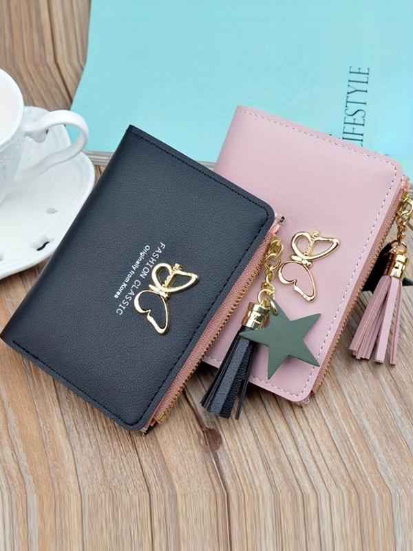 Women's Fashionable Butterfly Decor Tassel Design Short Wallet, Casual Plain Color Zipper Card Holder, Versatile Wallet for Daily Use