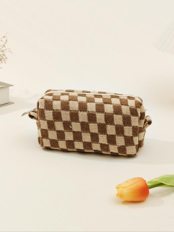 2024 Trendy Plaid Pattern Cosmetic Bag, Matching Kawaii Large Capacity Knitting Storage Bag, Portable Toiletry Bag for Women & Girls