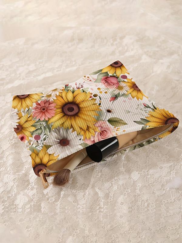 Floral Pattern Corduroy Cosmetic Bag, Lightweight Multi-functional Fashion Leisure Cosmetic Bag, Travel Cosmetic Bag, Suitable for Leisure Travel and Various Occasions