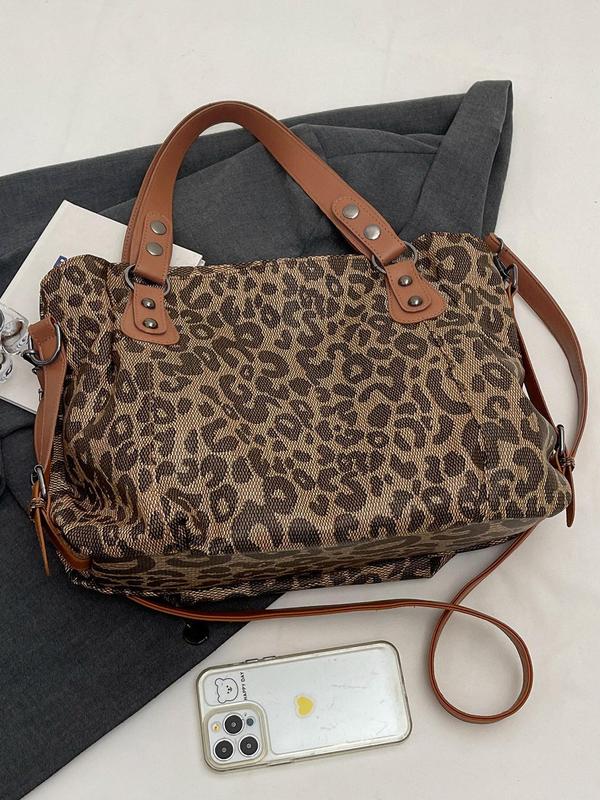 Women's Fashion Leopard Print Rivet Decor Tote Bag, Casual Large Capacity Shoulder Bag for Daily Used, Trendy All-match Bag for Commuters and Students