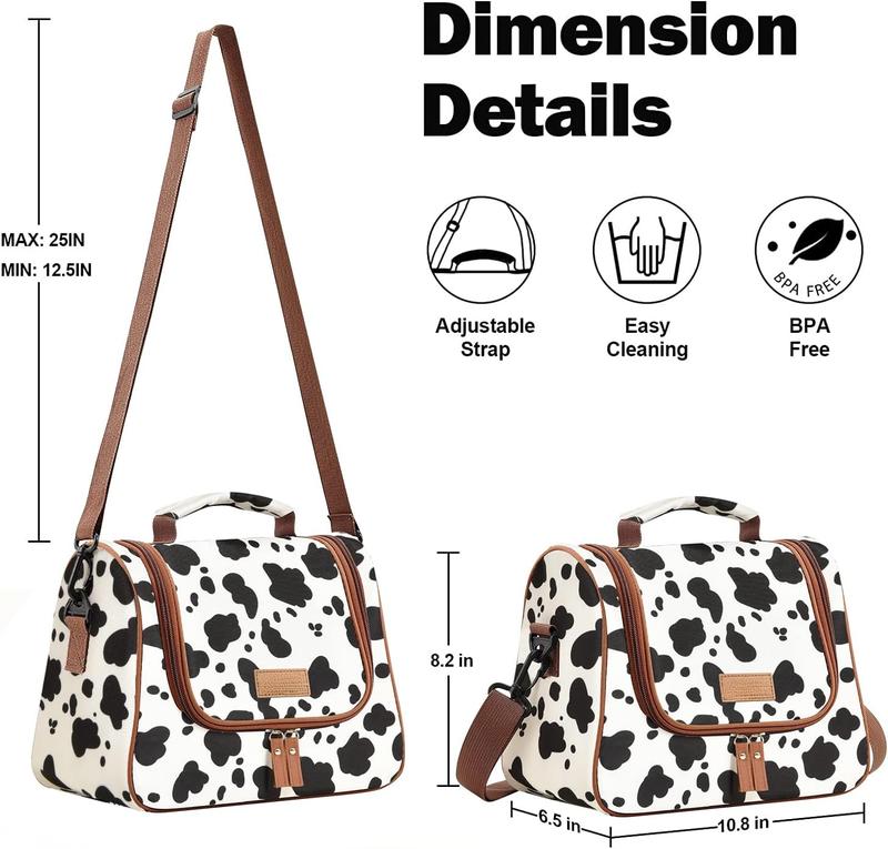 Insulated lunch bag, fashionable refrigerated handbag, reusable lunch box container with shoulder straps, suitable for work, picnic or travel (cows)