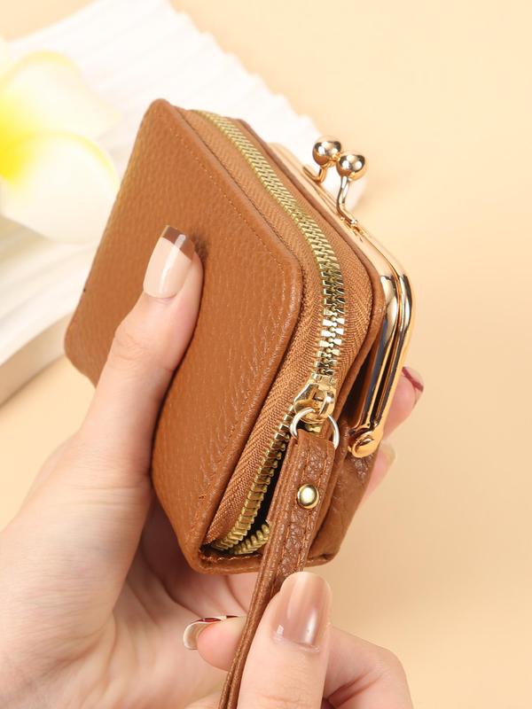 Women's Minimalist Plain Color Kiss Lock Design Short Wallet, Fashionable Zipper Card Holder, Casual Versatile Wallet for Daily Use