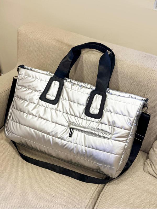 Women's Colorblock Quilted Large Capacity Travel Bag, Fashionable Lightweight Zipper Puffer Bag, Casual Business Trip Crossbody Bag for Daily Life