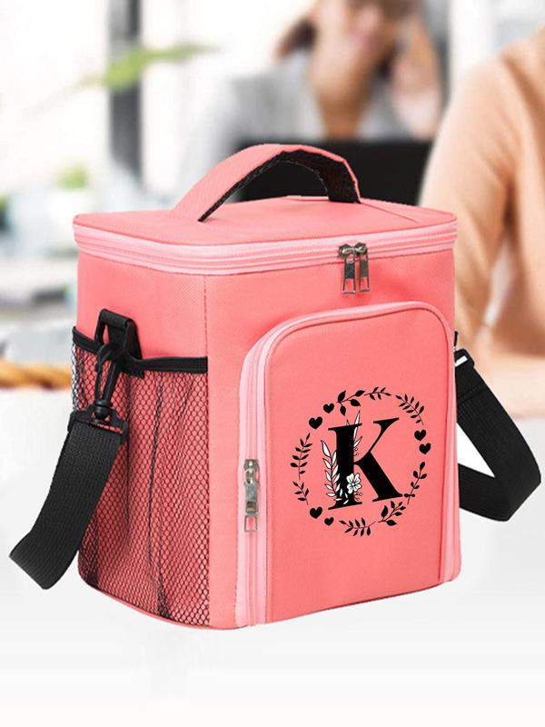 Floral & Initials Letter Pattern Lunch Bag, Portable Insulated Lunch Bag As Gifts, Food Storage Bag, School Bento Organizer, Lunch Box Bag for School Office Outdoor Camping Picnic