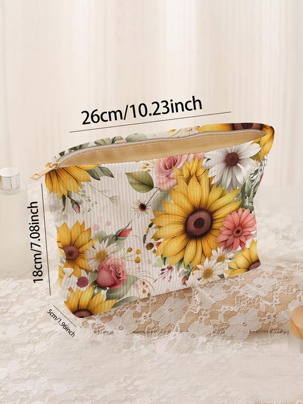 Floral Pattern Corduroy Cosmetic Bag, Lightweight Multi-functional Fashion Leisure Cosmetic Bag, Travel Cosmetic Bag, Suitable for Leisure Travel and Various Occasions