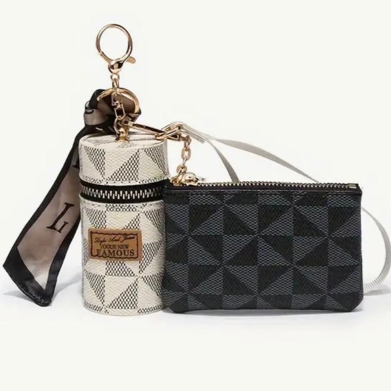 2-Piece Womens Fashion Mini Wallet & Keychain Set - Vibrant Printed Design, Stylishly Simple, Multi-Functional PU Leather Coin Purse with Secure Zipper, Perfect Accessory for Adding a Pop of Color to Your Outfit dual pouch brown retro wristlets white blac