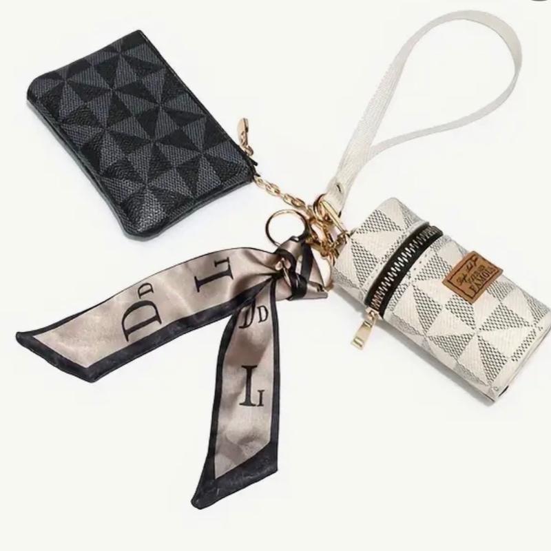 2-Piece Womens Fashion Mini Wallet & Keychain Set - Vibrant Printed Design, Stylishly Simple, Multi-Functional PU Leather Coin Purse with Secure Zipper, Perfect Accessory for Adding a Pop of Color to Your Outfit dual pouch brown retro wristlets white blac