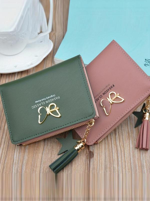 Women's Fashionable Butterfly Decor Tassel Design Short Wallet, Casual Plain Color Zipper Card Holder, Versatile Wallet for Daily Use