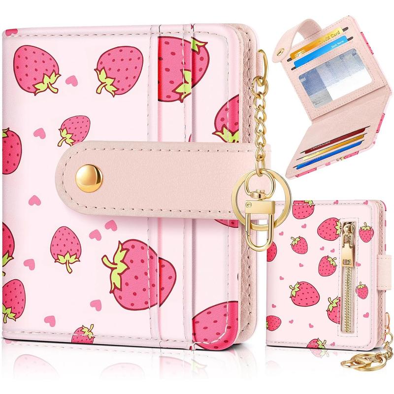 Wallet Women Slim Cute Leather Thin Bifold Small Wallet Purse Ladies Teen Girl Female Medium Aesthetic Strawberry Tiny Simple Girly  Credit Card Holder Keychain Rfid