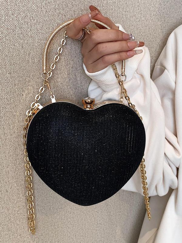 Women's Rhinestone Decor Heart Shape Evening Handbag, Elegant Novelty Bag With Chain, Glitter Crossbody Bag For Evening Party Vacation