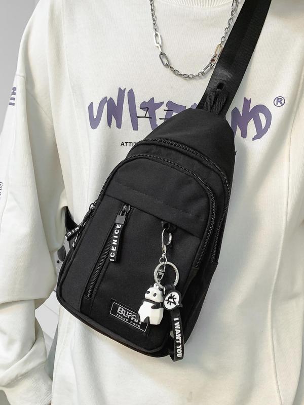 Unisex Fashion Letters Patched Design Sling Bag with Panda Bag Charm, Casual Versatile Zipper Chest Bag for Daily Used, Trendy All-match Sling Bag for Women & Men