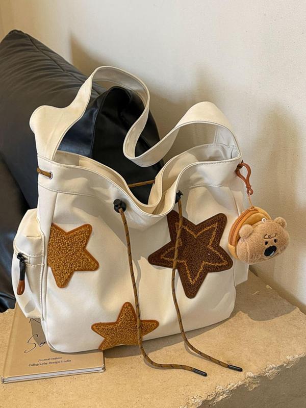 Women's Fall Star Pattern Cute Tote Bag, Casual Streetwear Large Capacity Everything Tote Bag, Drawstring Design Tote Bag for School & College & Work Tote Bag, Fall Outfits, Fall Freshness