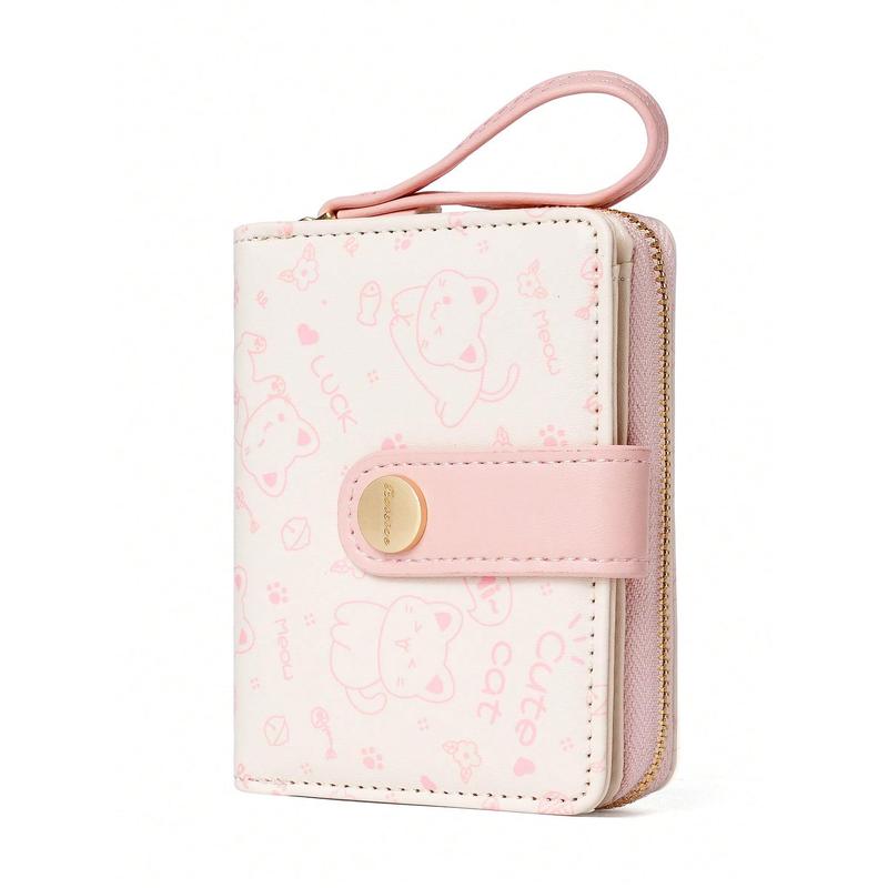 BATSIOE 2024 New Style Japanese Style Lovely Cat Motif Women's Wallet Short Zipper Type Wallet With Texture For Students Hot Pink Purse Wristlet Wallet