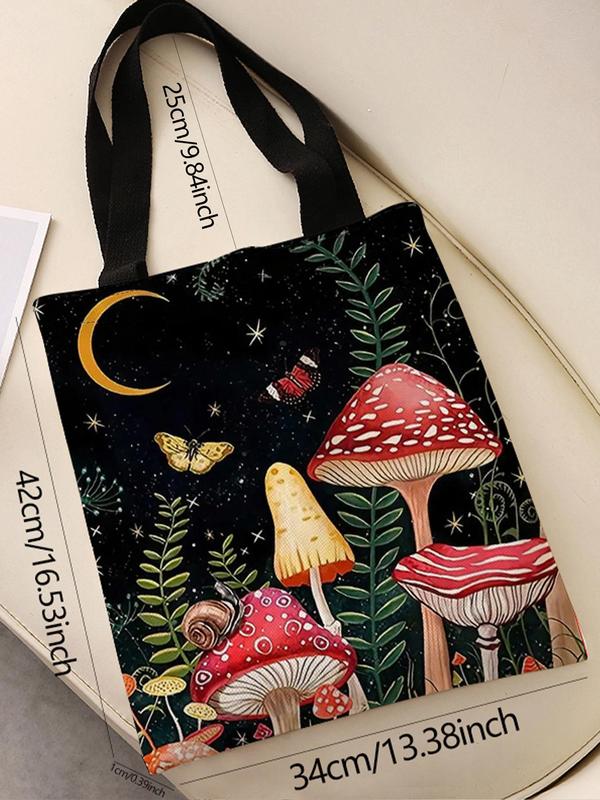 Butterfly & Mushroom Pattern Tote Bag, Casual Trendy Storage Bag, Versatile Shopping Bag for Daily Use for Women & Men