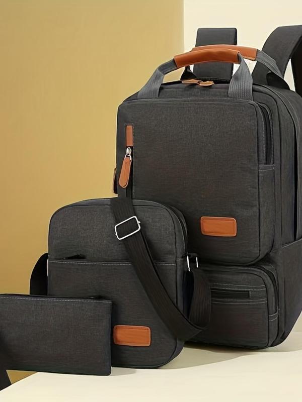 3pcs Men's Business Casual Colorblock Zipper Backpack Set, Business Laptop Bag with Shoulder Strap, Wrist Bag, Backpack, Perfect Bag For Student & Men