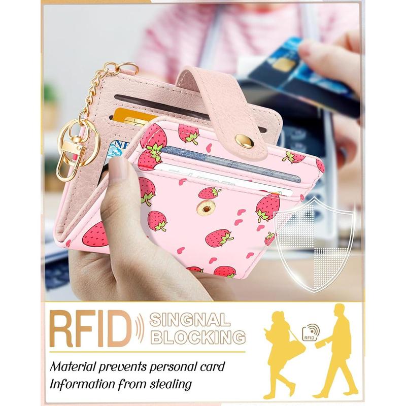 Wallet Women Slim Cute Leather Thin Bifold Small Wallet Purse Ladies Teen Girl Female Medium Aesthetic Strawberry Tiny Simple Girly  Credit Card Holder Keychain Rfid