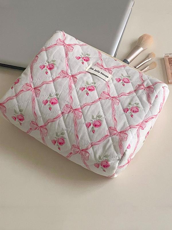 Bow & Floral Pattern Quilted Makeup Bag Set, Zipper Makeup Organizer Pouch, Versatile Storage Bag for Skincare, Lotion, Cream, Lip Balm, Eyeliners, Mirror, Stationery, Cosmetics