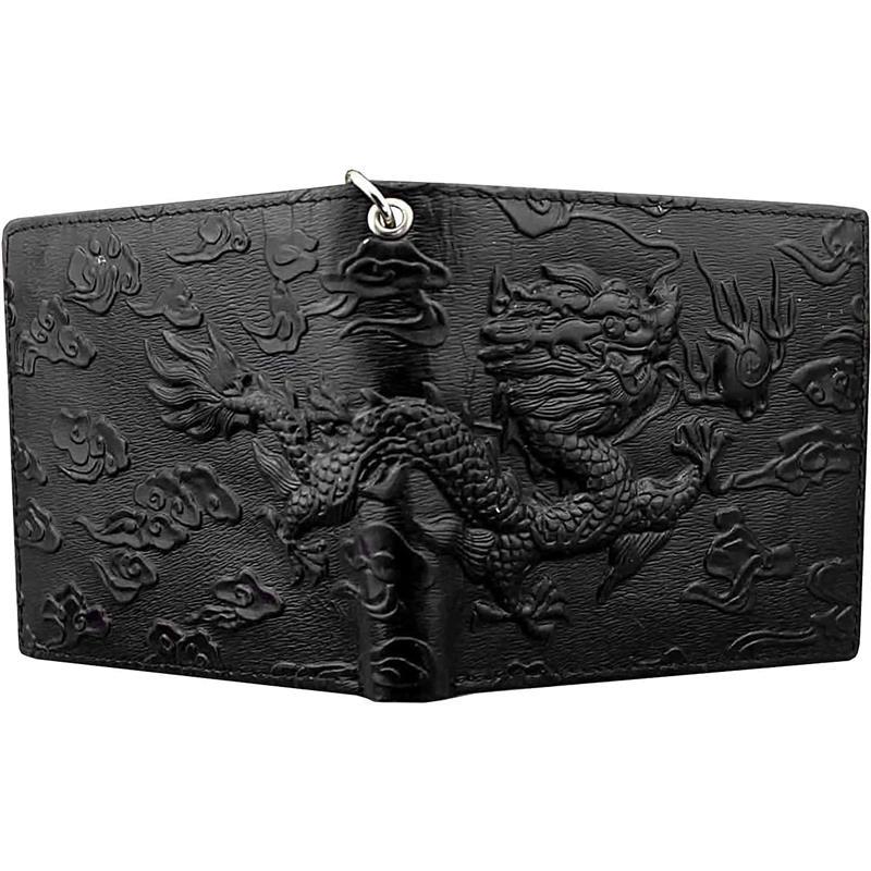 Balck Men Real Leather Vintage Dragon Wallet with Chain Card Holder Purse