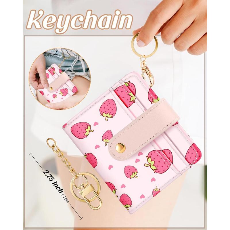 Wallet Women Slim Cute Leather Thin Bifold Small Wallet Purse Ladies Teen Girl Female Medium Aesthetic Strawberry Tiny Simple Girly  Credit Card Holder Keychain Rfid