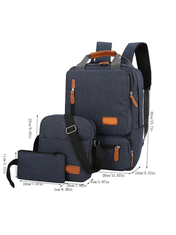 3pcs Men's Business Casual Colorblock Zipper Backpack Set, Business Laptop Bag with Shoulder Strap, Wrist Bag, Backpack, Perfect Bag For Student & Men