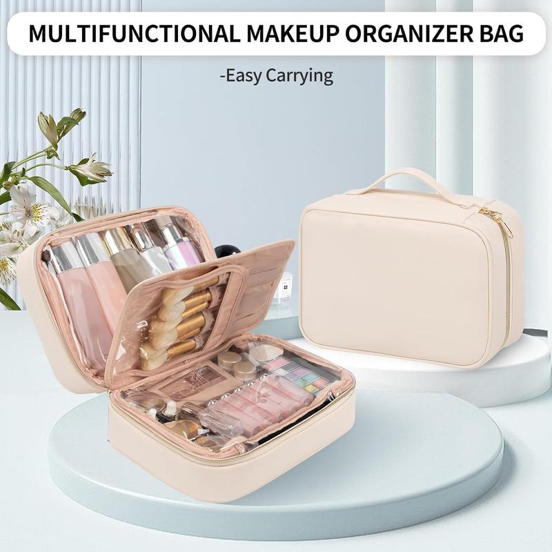 Makeup Bag, Makeup Travel Bag Large Capacity   Organizer Bag with Makeup Brush Compartment & Handle for Women Girls Travel Toiletry Accessories-Beige