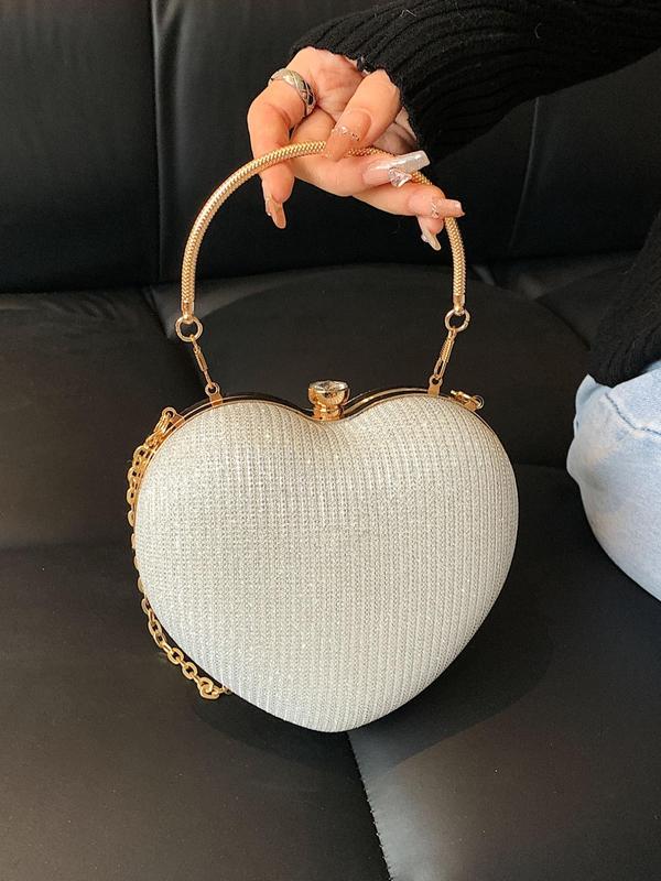 Women's Rhinestone Decor Heart Shape Evening Handbag, Elegant Novelty Bag With Chain, Glitter Crossbody Bag For Evening Party Vacation