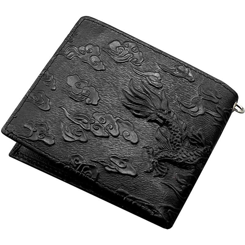 Balck Men Real Leather Vintage Dragon Wallet with Chain Card Holder Purse