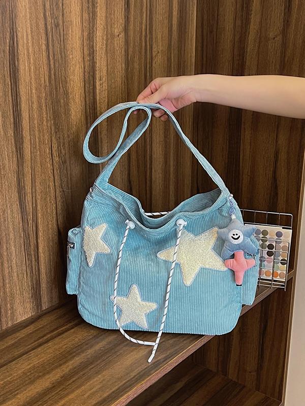 Women's Fall Star Pattern Cute Tote Bag, Casual Streetwear Large Capacity Everything Tote Bag, Drawstring Design Tote Bag for School & College & Work Tote Bag, Fall Outfits, Fall Freshness