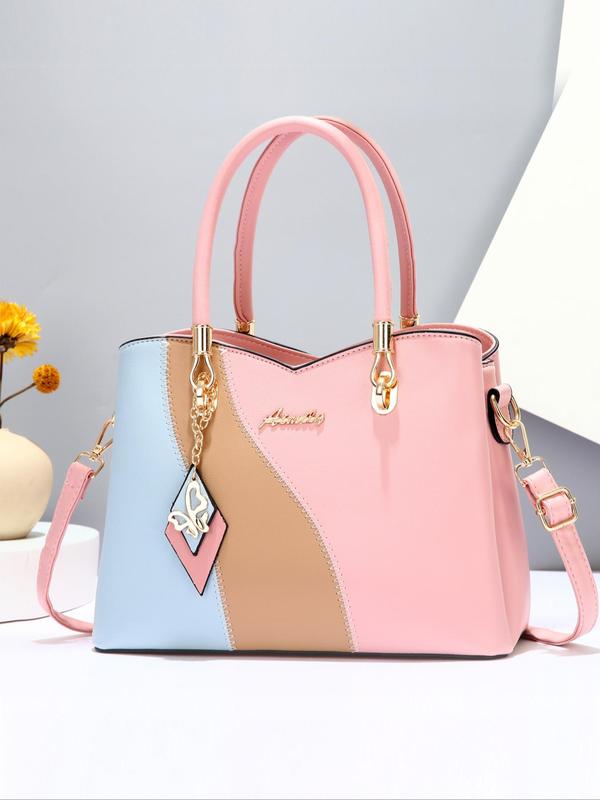 Fashion Colorblock Handbag with Charm, 2024 New Style Casual Versatile Shoulder Bag for Women, Trendy All-match Commuter Bag for Daily Travel Work Commute