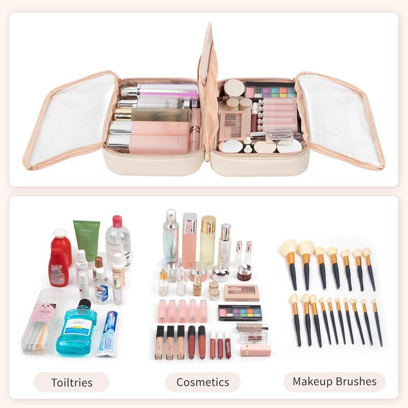 Makeup Bag, Makeup Travel Bag Large Capacity   Organizer Bag with Makeup Brush Compartment & Handle for Women Girls Travel Toiletry Accessories-Beige