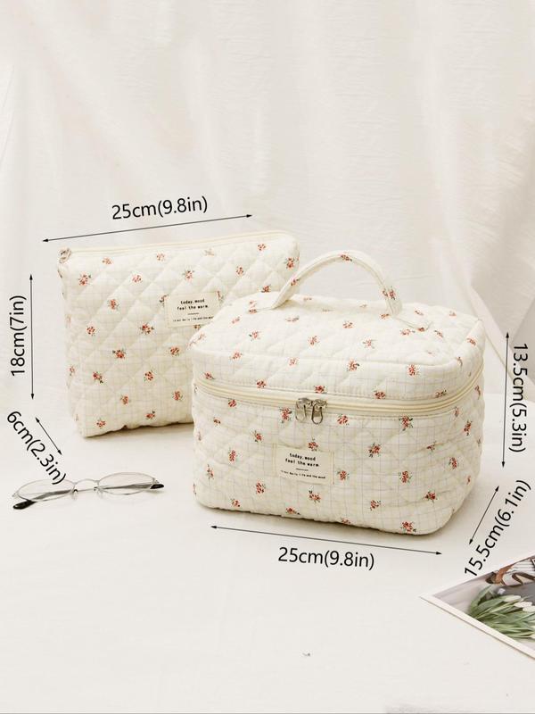 2pcs Ditsy Floral Pattern Quilted Makeup Bag for Women, 2024 Trendy Portable Cosmetic Storage Bag for Daily Use, Large Capacity Zipper Makeup Organizer Pouch for Women & Girls