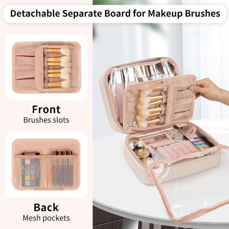 Makeup Bag, Makeup Travel Bag Large Capacity   Organizer Bag with Makeup Brush Compartment & Handle for Women Girls Travel Toiletry Accessories-Beige