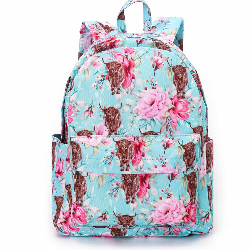 Highland Cow Blue Flowers Print Little Backpack