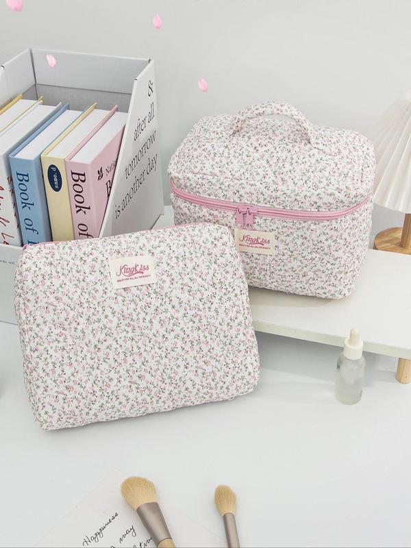 Ditsy Floral Pattern Makeup Bag Set, Large Capacity Makeup Bag with Zipper, Portable Travel Makeup Brushes, Skincare Storage Pouch for Women