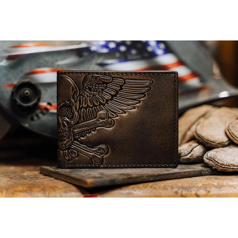 SKULL Bifo Wallet | Slim Mens Wallet | Winged Skull Crosss Wallet For Men | Hand Burnished Full Grain Leather | Biker Wallet