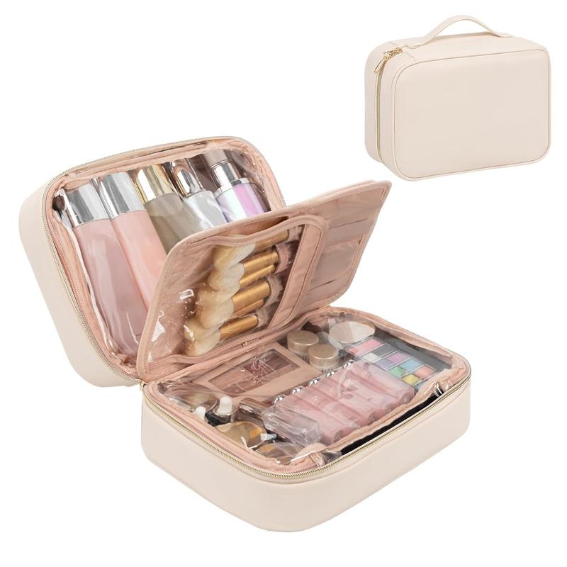 Makeup Bag, Makeup Travel Bag Large Capacity   Organizer Bag with Makeup Brush Compartment & Handle for Women Girls Travel Toiletry Accessories-Beige