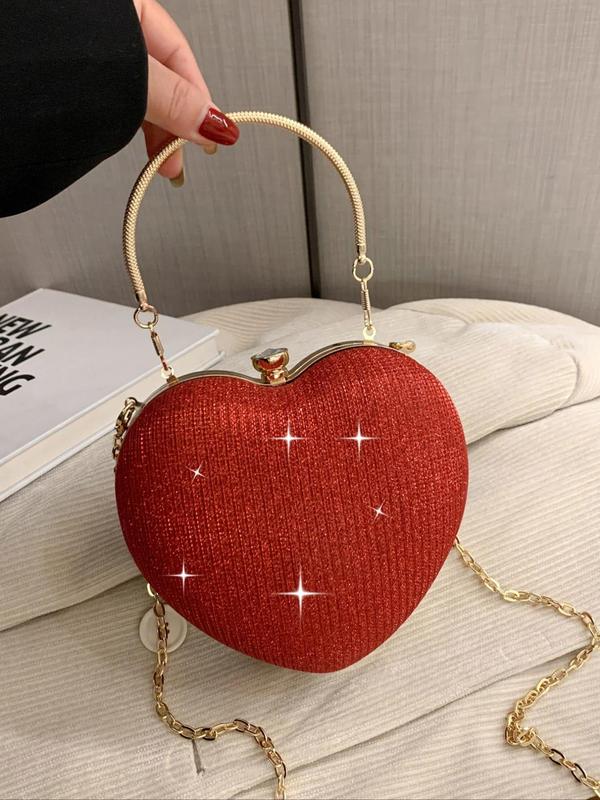 Women's Rhinestone Decor Heart Shape Evening Handbag, Elegant Novelty Bag With Chain, Glitter Crossbody Bag For Evening Party Vacation