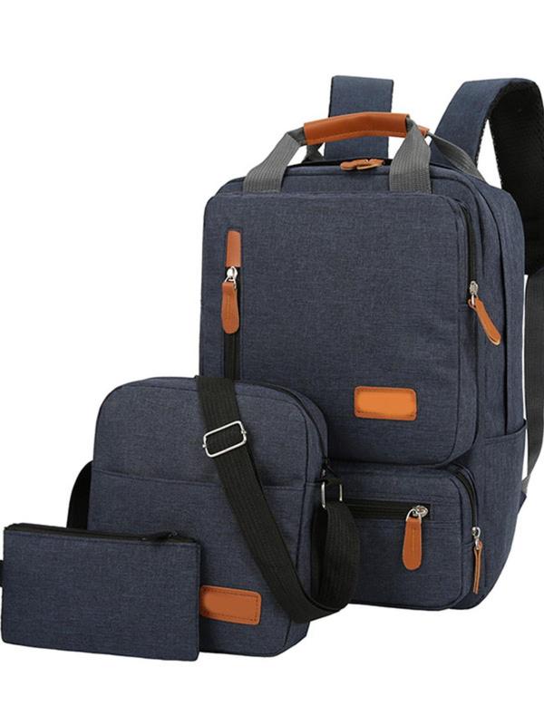 3pcs Men's Business Casual Colorblock Zipper Backpack Set, Business Laptop Bag with Shoulder Strap, Wrist Bag, Backpack, Perfect Bag For Student & Men