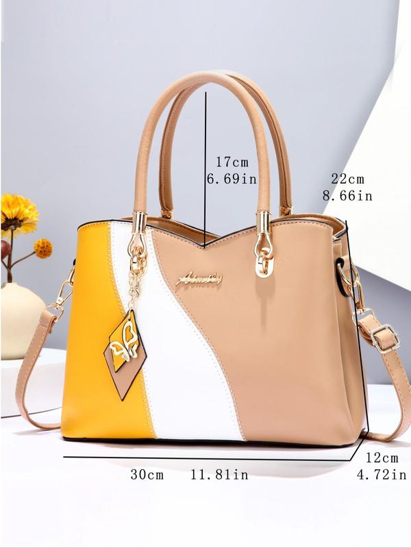 Fashion Colorblock Handbag with Charm, 2024 New Style Casual Versatile Shoulder Bag for Women, Trendy All-match Commuter Bag for Daily Travel Work Commute