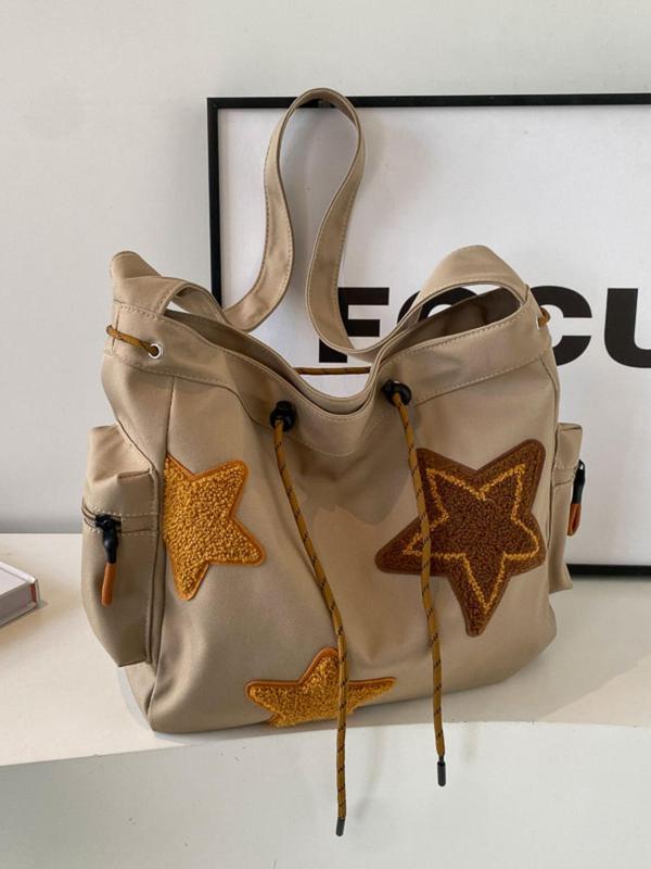 Women's Fall Star Pattern Cute Tote Bag, Casual Streetwear Large Capacity Everything Tote Bag, Drawstring Design Tote Bag for School & College & Work Tote Bag, Fall Outfits, Fall Freshness