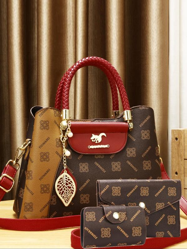 Women's Elegant All Over Print Handbag & Clutch Bag & Wallet, Fashionable Large Capacity Shoulder Bag Set for Work & Daily Used