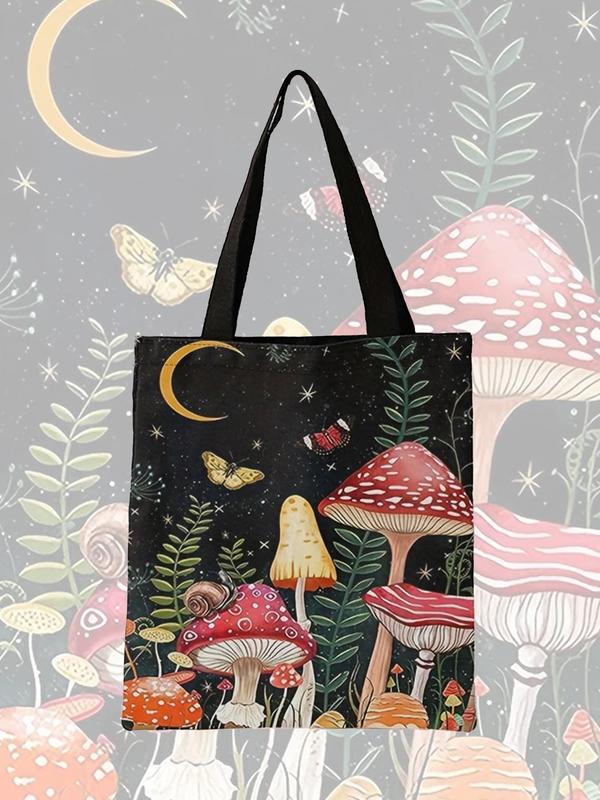 Butterfly & Mushroom Pattern Tote Bag, Casual Trendy Storage Bag, Versatile Shopping Bag for Daily Use for Women & Men