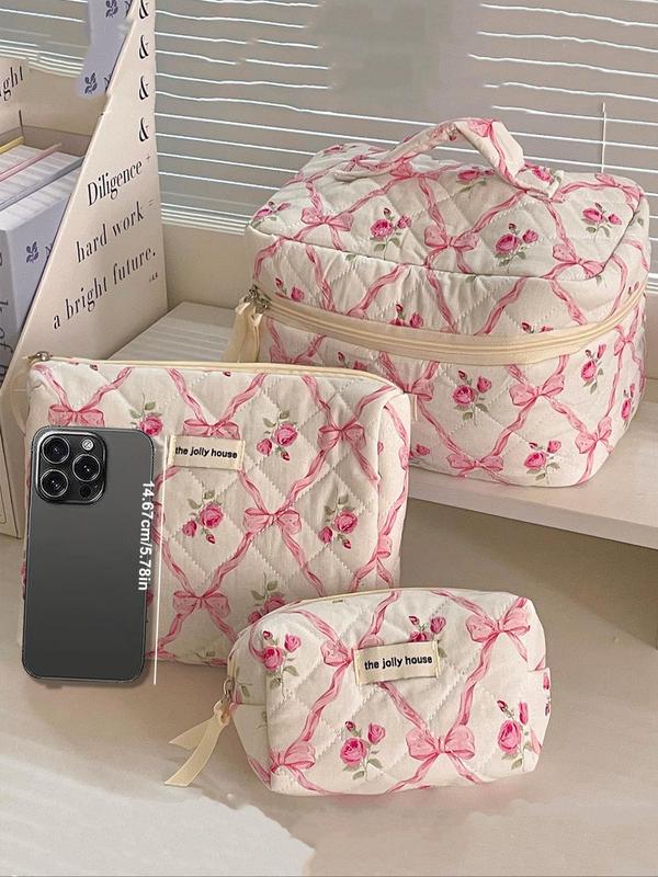 Bow & Floral Pattern Quilted Makeup Bag Set, Zipper Makeup Organizer Pouch, Versatile Storage Bag for Skincare, Lotion, Cream, Lip Balm, Eyeliners, Mirror, Stationery, Cosmetics