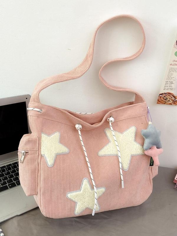 Women's Fall Star Pattern Cute Tote Bag, Casual Streetwear Large Capacity Everything Tote Bag, Drawstring Design Tote Bag for School & College & Work Tote Bag, Fall Outfits, Fall Freshness