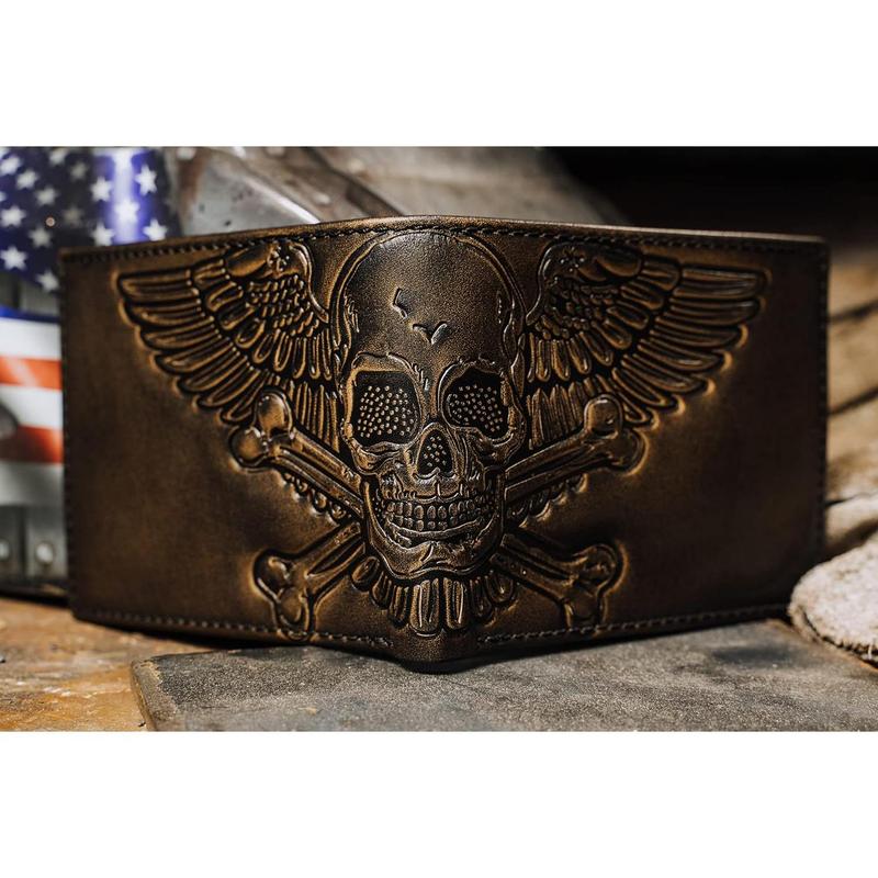 SKULL Bifo Wallet | Slim Mens Wallet | Winged Skull Crosss Wallet For Men | Hand Burnished Full Grain Leather | Biker Wallet